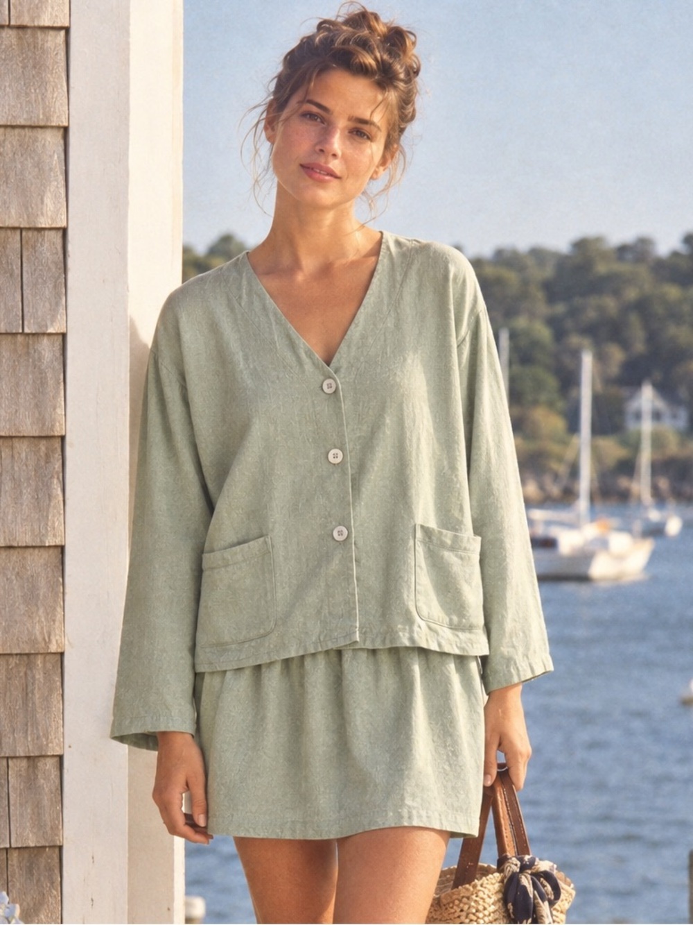 Vintage 90s Basic Threads Women Sage Green Skirt Set M/L Cotton Linen Minimalist